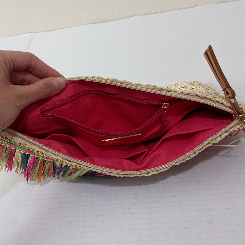 I.N.C Raffia Straw Colorful Fringe Trim Wristlet Clutch Crossbody Bag Resort - Picture 7 of 10